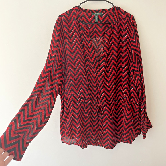 Lauren Ralph Lauren Plus Size 2X‎ Red Black Chevron Boho Peasant Blouse Top - Picture 2 of 8